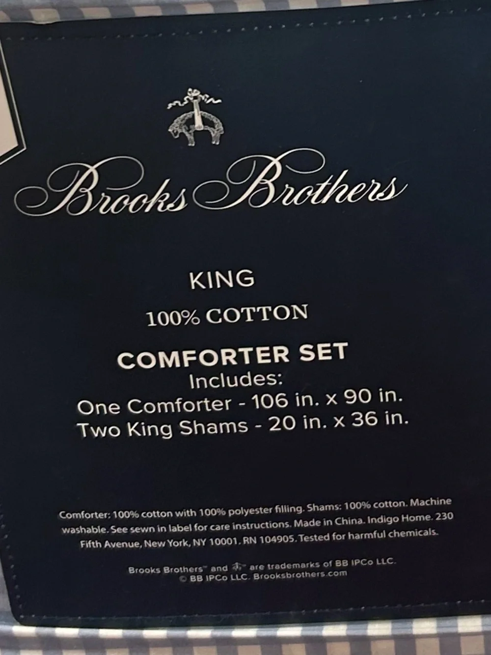 Brooks Brothers Blue and White Checkered King Cotton Comforter Set 106”x90”